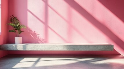 Fototapete - Minimalistic Concrete Shelf on Pink Wall with Soft Light Shadow for Product Display