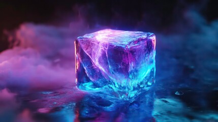 Wall Mural - glowing neon ice cube on dark surface with smoke.