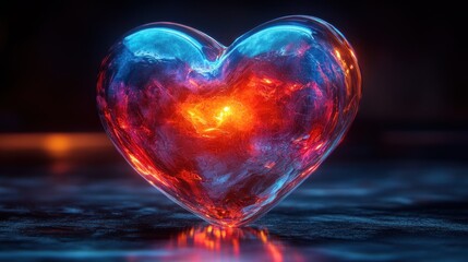 Wall Mural - Vibrant abstract glowing heart in blue and red against dark background with neon art style