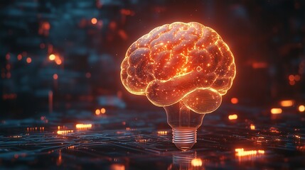 Wall Mural - glowing light bulb encasing an abstract ai brain, with neon light swirling around and digital circui