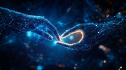 Wall Mural - robot hand gently touching a human hand, symbolizing the connection between ai and human creativity,