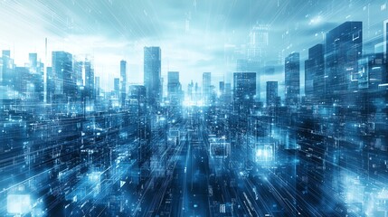Wall Mural - abstract digital landscape in shades of blue, featuring flowing data, computer networks, and futuris
