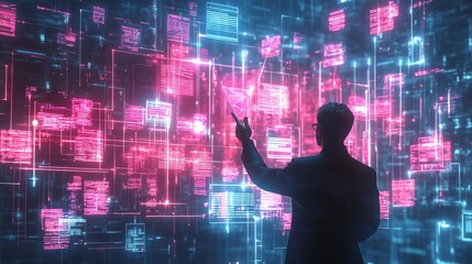 Wall Mural - illustration of a conductor managing digital screens and geometric objects, orchestrating a high-tec
