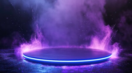 Wall Mural - glowing neon circle platform with purple smoke and sparks.