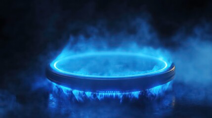Wall Mural - glowing circular platform with blue neon light and smoke.
