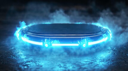 Wall Mural - futuristic glowing platform with blue neon lights and smoke on dark background.