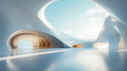 Aufkleber - Futuristic Minimalist Architecture with Smooth White Curves and Empty Car Park against Blue Sky