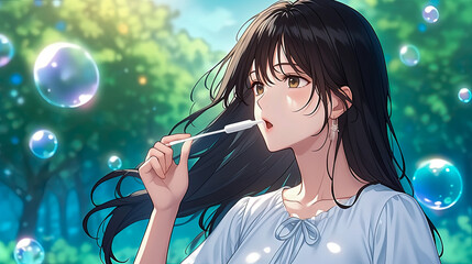 Wall Mural - Playful anime girl with long black hair in white shirt blowing bubbles in a sunlit park surrounded by green grass and trees