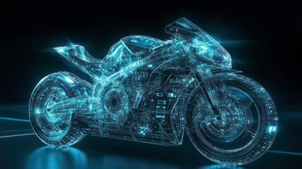futuristic transparent motorbike with glowing blue lines, digital rendering on dark background.