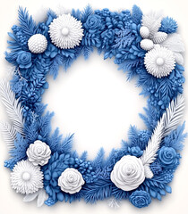 Wall Mural - a blue and white wreath with flowers and leaves. the blue and white color scheme gives a sense of ca