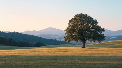 Wall Mural - A lone oak tree in a wide, open field with gentle rolling hills, the soft light of dawn casting a warm glow over the landscape and distant mountain peaks on the horizon.