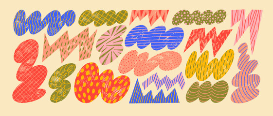 Poster - Funky abstract geometric organic shapes with doodle patterns drawn by crayon. Hand drawn naive rough cloud and zigzag shapes. Multi colored naive style childish vector elements for graphic design.