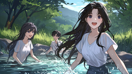 Wall Mural - Three girls enjoying a sunny day playing in a river surrounded by trees and nature