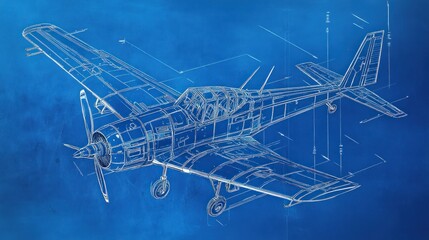 Blueprint illustration of an aircraft on a blue background, showcasing design and engineering.