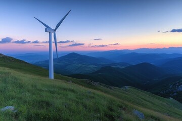 a lone wind turbine on a grassy mountain slope with sweeping views of distant peaks and valleys, ill