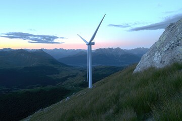 a lone wind turbine on a grassy mountain slope with sweeping views of distant peaks and valleys, ill