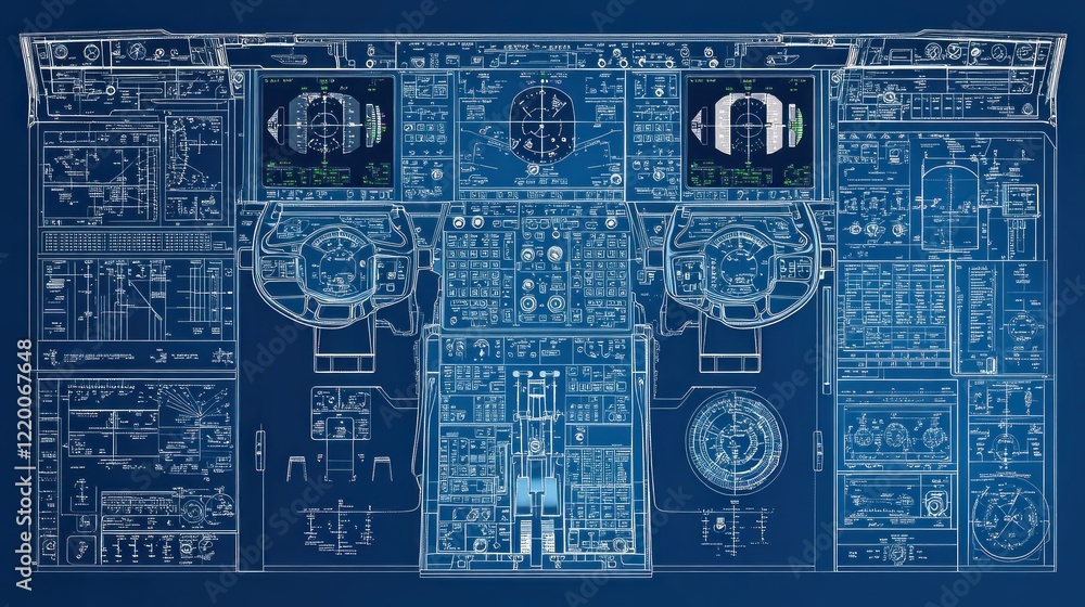 Blueprint of an aircraft cockpit, showcasing instruments and controls ...