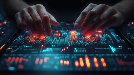 AI technology and data engineering: A computer programmer and software engineer using a digital tablet for advanced data analytics, database management, and network server integration