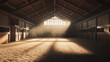 © Keopaserth - spacious equestrian arena with wooden beams, sunlight streaming through windows, and soft dust particles in air creates serene atmosphere for horse training
