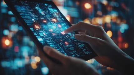 AI technology and data engineering: A computer programmer and software engineer using a digital tablet for advanced data analytics, database management, and network server integration