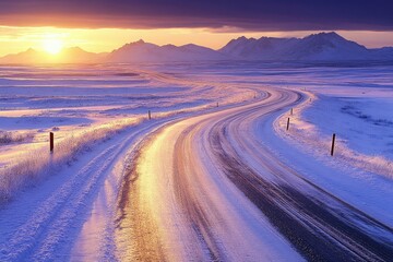 Wall Mural - A long, empty winter highway winding through snow-covered plains toward distant mountains. The sun is setting, 