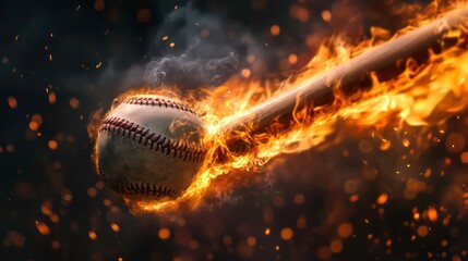 Wall Mural - fiery baseball bat and ball in motion, engulfed in flames and sparks.