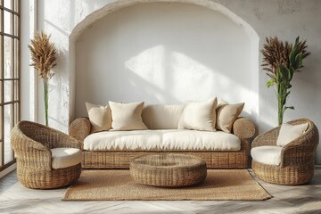 Beautiful mockup of beige linen sofa, wicker armchair & wooden coffee table by white wall, Scandinavian style with natural elements on wooden floor, high - res & detailed.