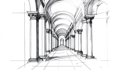 A detailed architectural sketch of a corridor with arches and columns.
