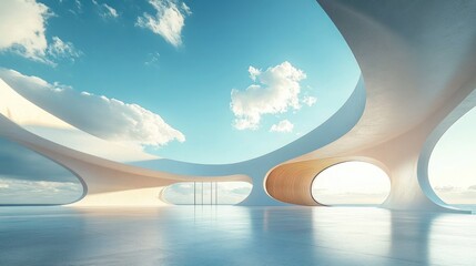 Aufkleber - Futuristic Minimalist Architecture 3D Render with Car Park and Concrete Floor under Blue Sky