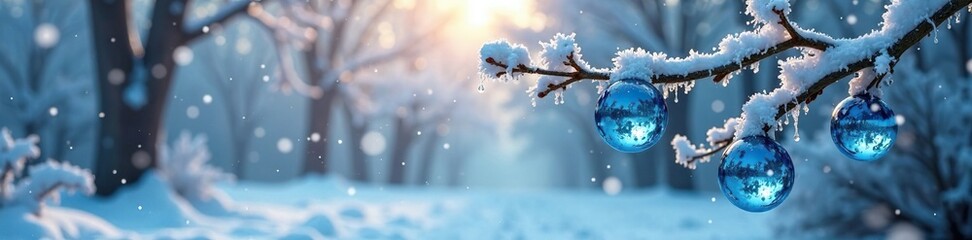 Wall Mural - Frosty morning scene with snowflakes gently falling on the tree, blue glass balls, winter scenery