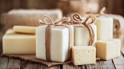 Assorted handmade soaps wrapped in twine on rustic wooden surface with natural textures