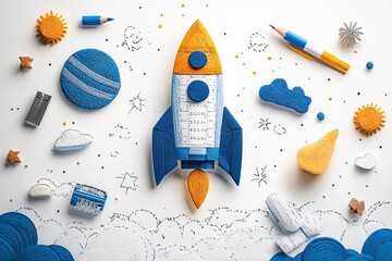 Wall Mural - Launching Success: Startup Rocket Drawn with School Supplies on Table