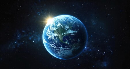 earth from space in hyper-realistic style with dramatic lighting and bright sunflare in dark starry 