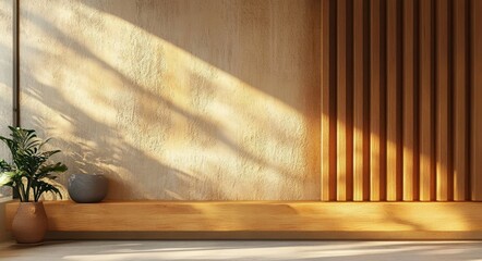 Aufkleber - Concrete Tabletop Display on Wooden Wall Panels with Natural Light for Modern Interior Design