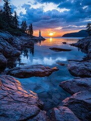 Wall Mural - A tranquil sunset over a serene coastal scene featuring a lighthouse, rocky shoreline, and reflective water.