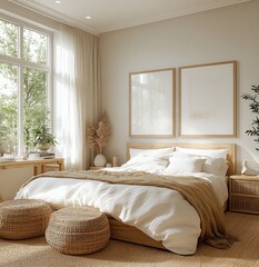 Aufkleber - Cozy Scandinavian Bedroom Interior with Natural Light Modern Wood Furniture and Soft Textures