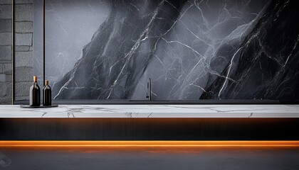 Aufkleber - elegant grey marble kitchen countertop with dark textured stone wall in modern interior for product display and promotion