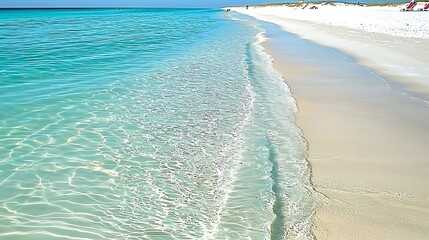 Wall Mural - A turquoise blue ocean with clear water, meeting a pristine sandy beach that stretches into the distance. The gentle waves lap at the shore, and the bright sunlight adds a sparkling effect to