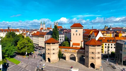 Wall Mural - Aerial view of central Munich and Isartor, the one of four main gates of the medieval city wall, Germany, Europe