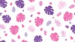 © Niken - Pattern on a white background with pink and purple monstera leaves, simple shapes, and a cute design.