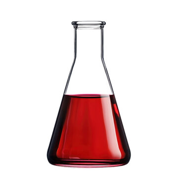 A conical Erlenmeyer flask with a red liquid inside, isolated on a transparency background