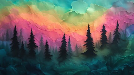 Wall Mural - オーロラと森