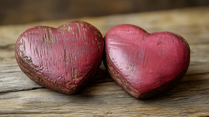 Two hearts made of wood are placed on a wooden table. The hearts are purple and have a worn, rustic appearance. Concept of warmth and nostalgia, as the wooden table