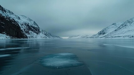 Wall Mural - Frozen fjord, snowy mountains, overcast sky, calm water, winter landscape