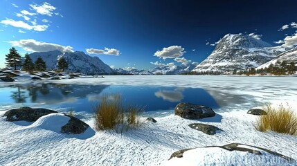 Wall Mural - Frozen lake, snow-capped mountains, winter landscape, serene scene, travel poster