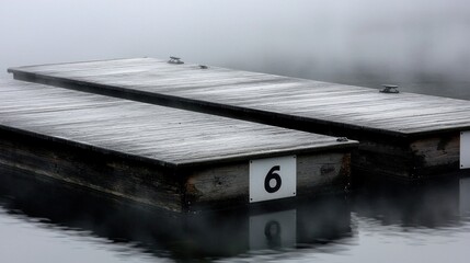 Wall Mural - Frosty lake docks, numbered, misty morning, winter