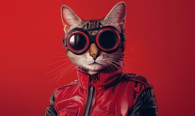  Hyper-realistic anthropomorphic lady cat in stylish red biker jacket and futuristic goggles, pop art style digital illustration, Generative AI