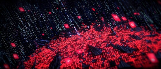 Abstract Digital Data Stream  Binary Code  Red   Black Tech Background