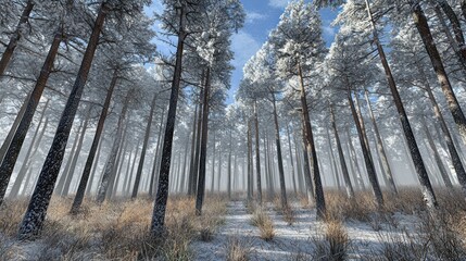 Wall Mural - Snowy pine forest path, winter wonderland, background fog, nature scene