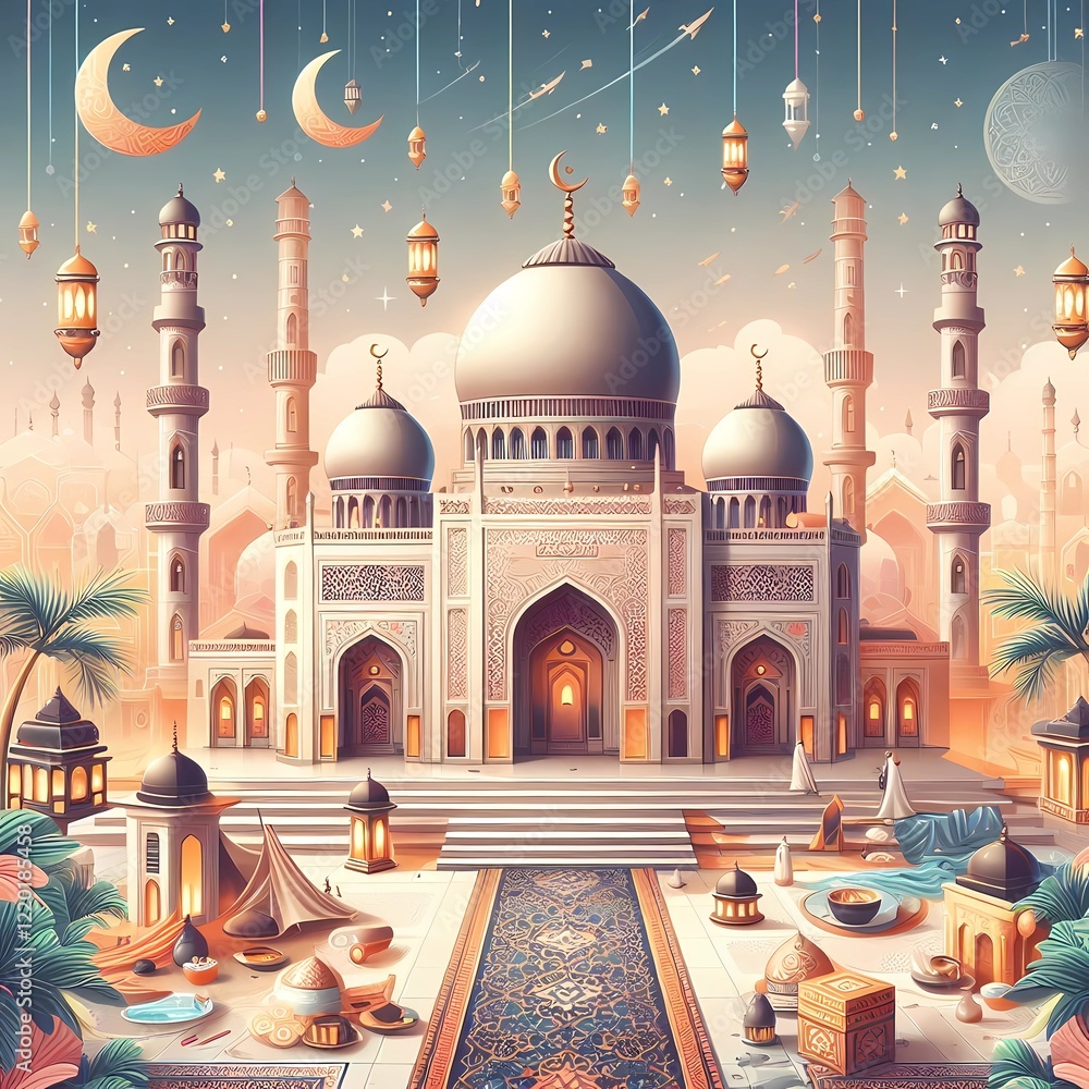 This image shows an Islamic architectural style mosque with a detailed ...